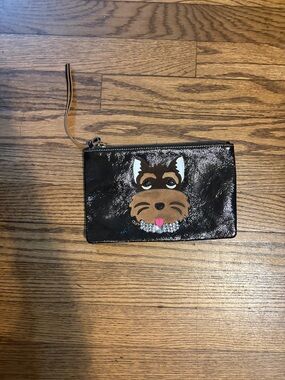 Black Patent Dog Face Wristlet Cosmetic Pouch